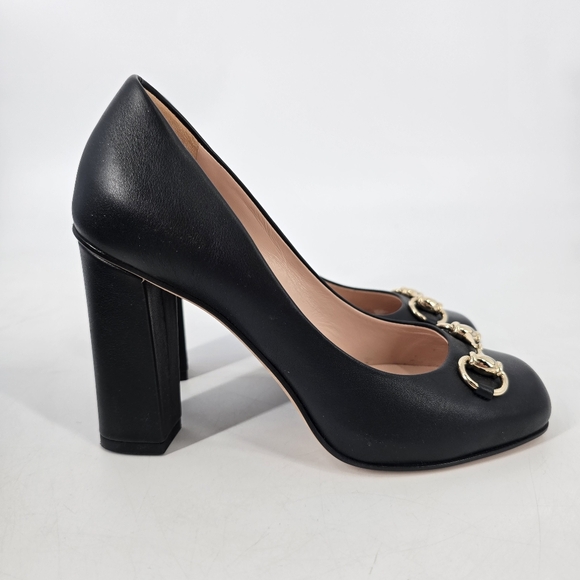 Gucci Black Leather Horsebit Square Toe Block Heel Pumps Size 36 - Picture 1 of 12
